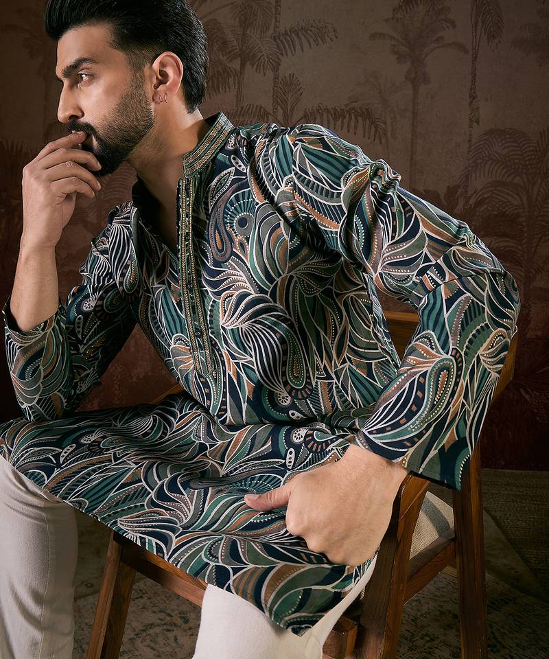 Men navy blue silk blend abstract printed straight kurta with trouser