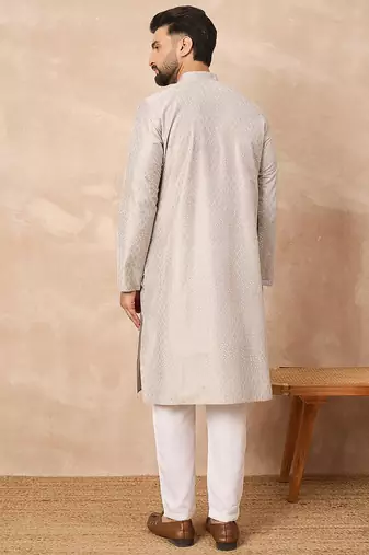 Men grey silk geometric printed straight kurta