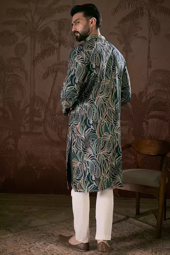 Men navy blue silk blend abstract printed straight kurta with trouser