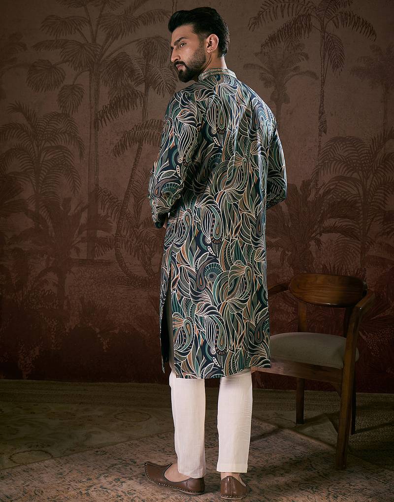 Men navy blue silk blend abstract printed straight kurta with trouser