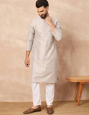 Men grey silk geometric printed straight kurta 5