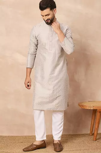 Men grey silk geometric printed straight kurta