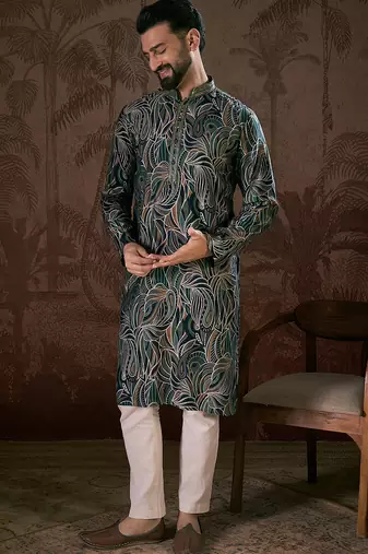 Men navy blue silk blend abstract printed straight kurta with trouser