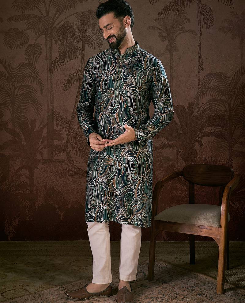 Men navy blue silk blend abstract printed straight kurta with trouser