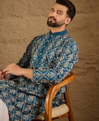 Men blue silk floral printed straight kurta 1