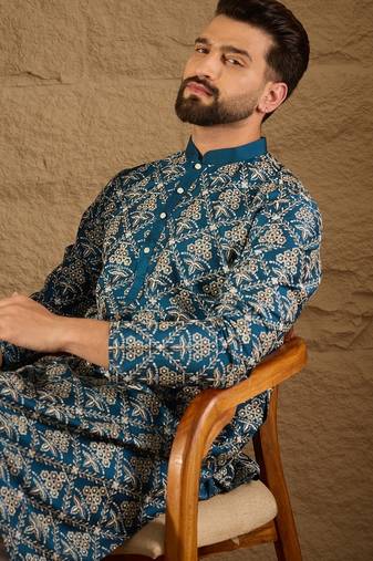 Men blue silk floral printed straight kurta