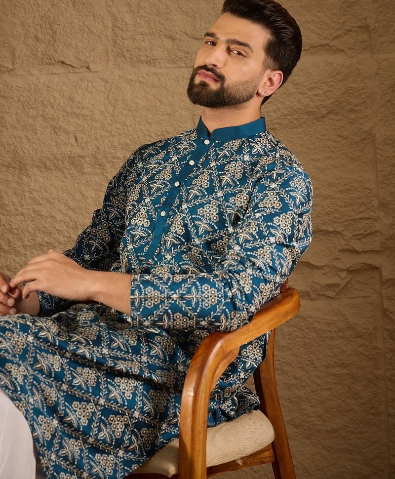 Men blue silk floral printed straight kurta
