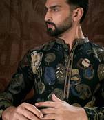 Men black silk blend floral printed straight kurta with trouser