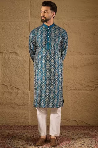 Men blue silk floral printed straight kurta