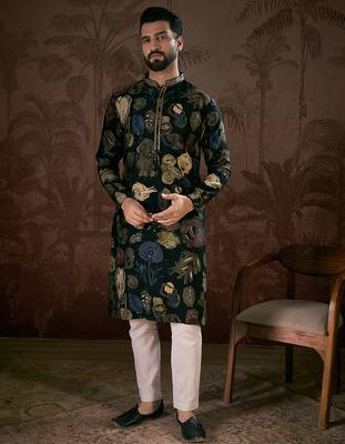 Men black silk blend floral printed straight kurta with trouser 2