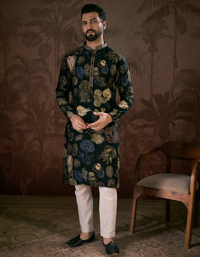 Men black silk blend floral printed straight kurta with trouser