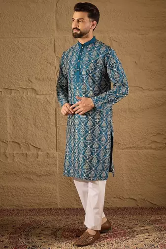 Men blue silk floral printed straight kurta