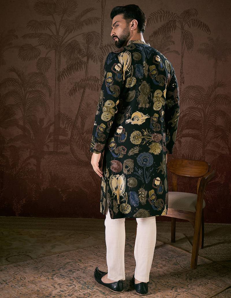 Men black silk blend floral printed straight kurta with trouser