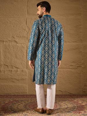Men blue silk floral printed straight kurta 4