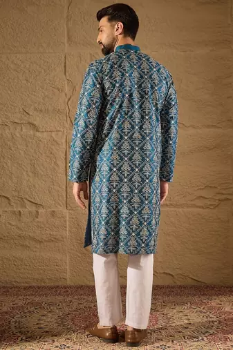 Men blue silk floral printed straight kurta