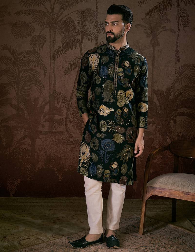Men black silk blend floral printed straight kurta with trouser