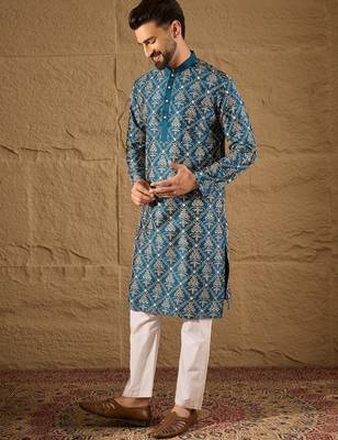 Men blue silk floral printed straight kurta 5