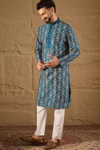 Men blue silk floral printed straight kurta