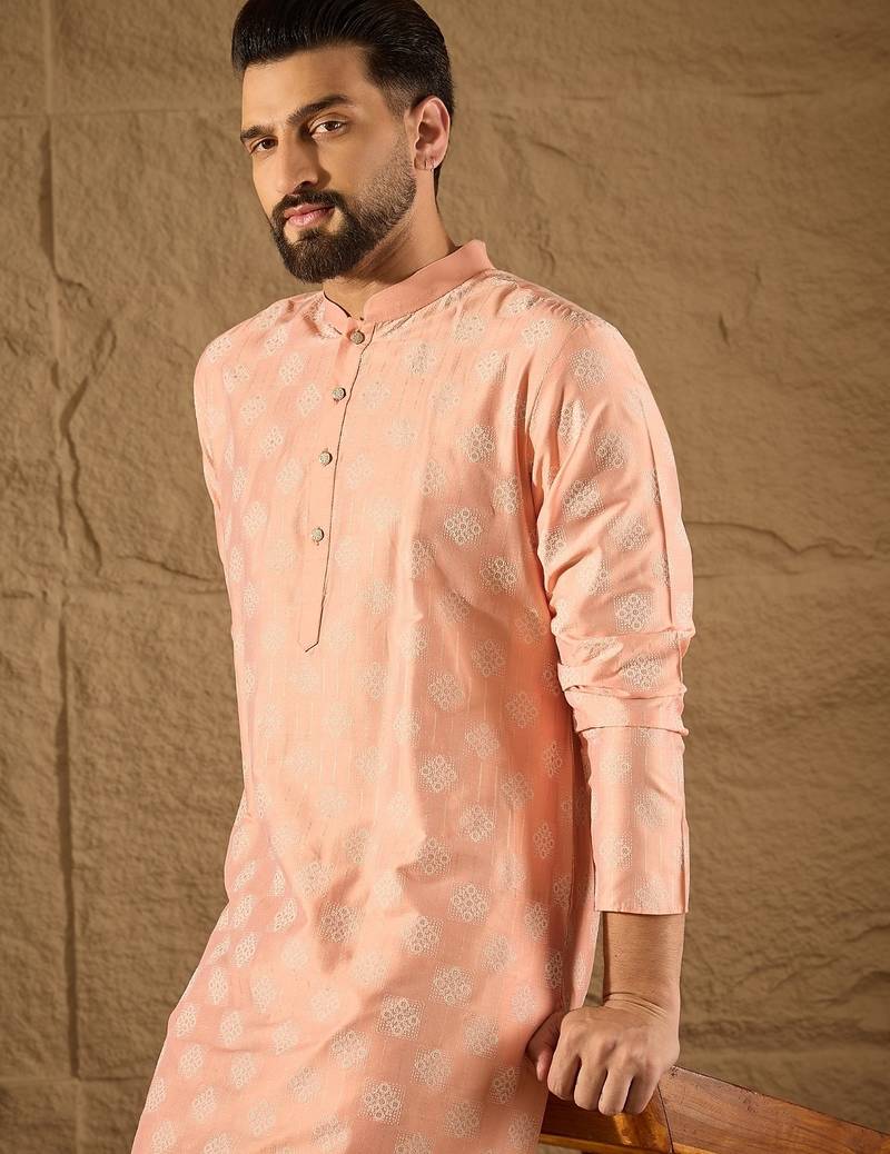 Men peach silk ethnic motifs printed straight kurta