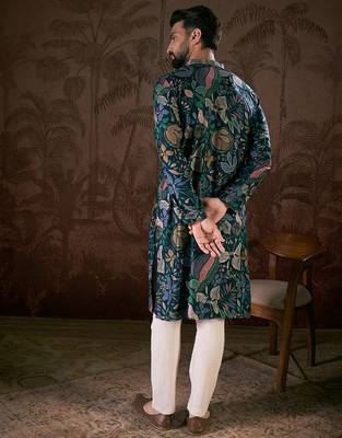 Men blue silk blend floral printed straight kurta with trouser 4