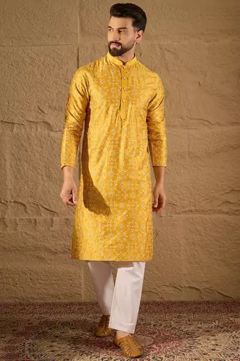 Men yellow silk  geometric printed straight kurta