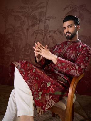 Men maroon silk blend floral printed straight kurta with trouser 1