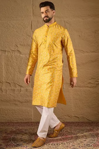 Men yellow silk  geometric printed straight kurta