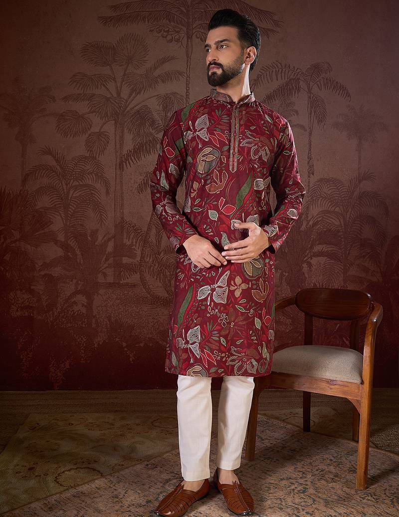 Men maroon silk blend floral printed straight kurta with trouser