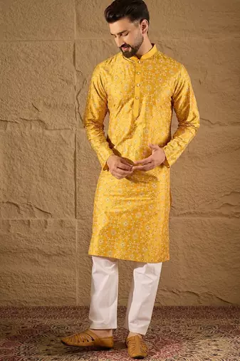 Men yellow silk  geometric printed straight kurta