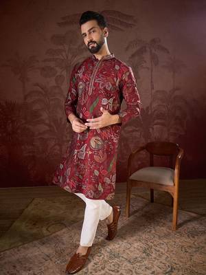 Men maroon silk blend floral printed straight kurta with trouser 3
