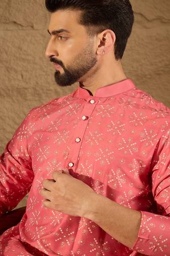 Men pink silk geometric printed straight kurta