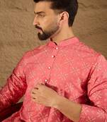 Men pink silk geometric printed straight kurta