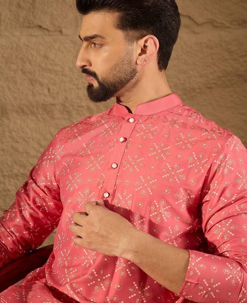 Men pink silk geometric printed straight kurta