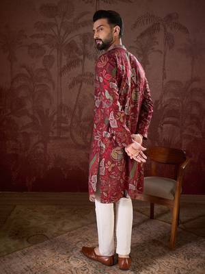 Men maroon silk blend floral printed straight kurta with trouser 4