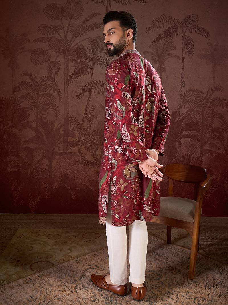 Men maroon silk blend floral printed straight kurta with trouser