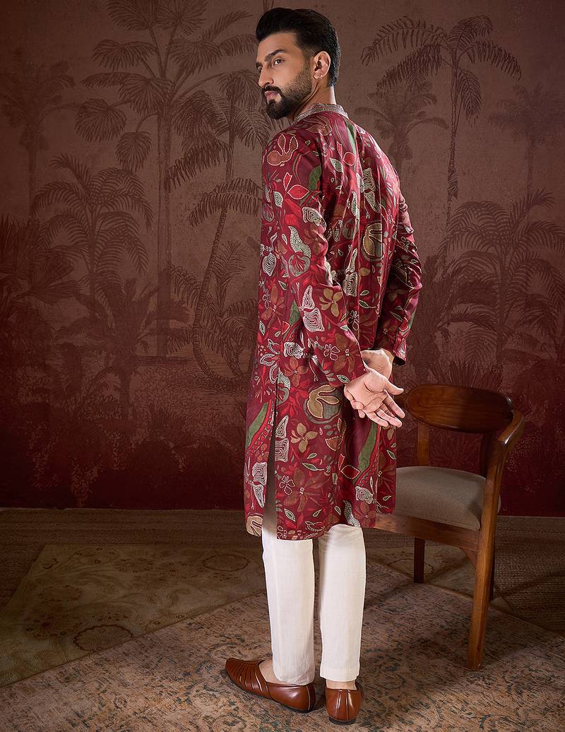 Men maroon silk blend floral printed straight kurta with trouser