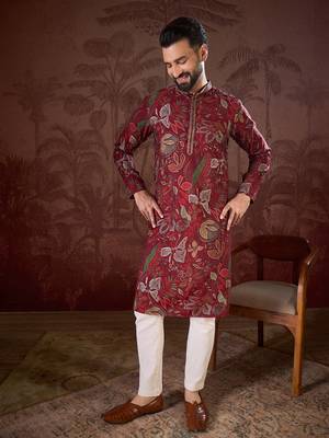 Men maroon silk blend floral printed straight kurta with trouser 5