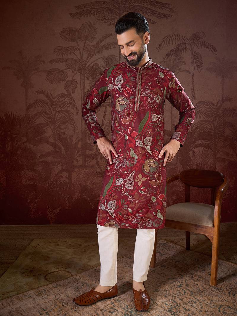 Men maroon silk blend floral printed straight kurta with trouser