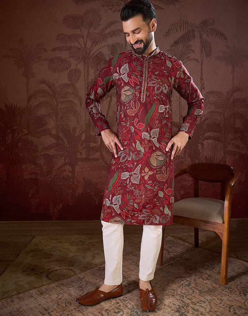 Men maroon silk blend floral printed straight kurta with trouser