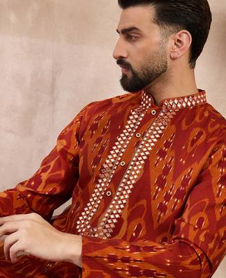 Men orange silk blend chevron printed straight kurta with trouser 1