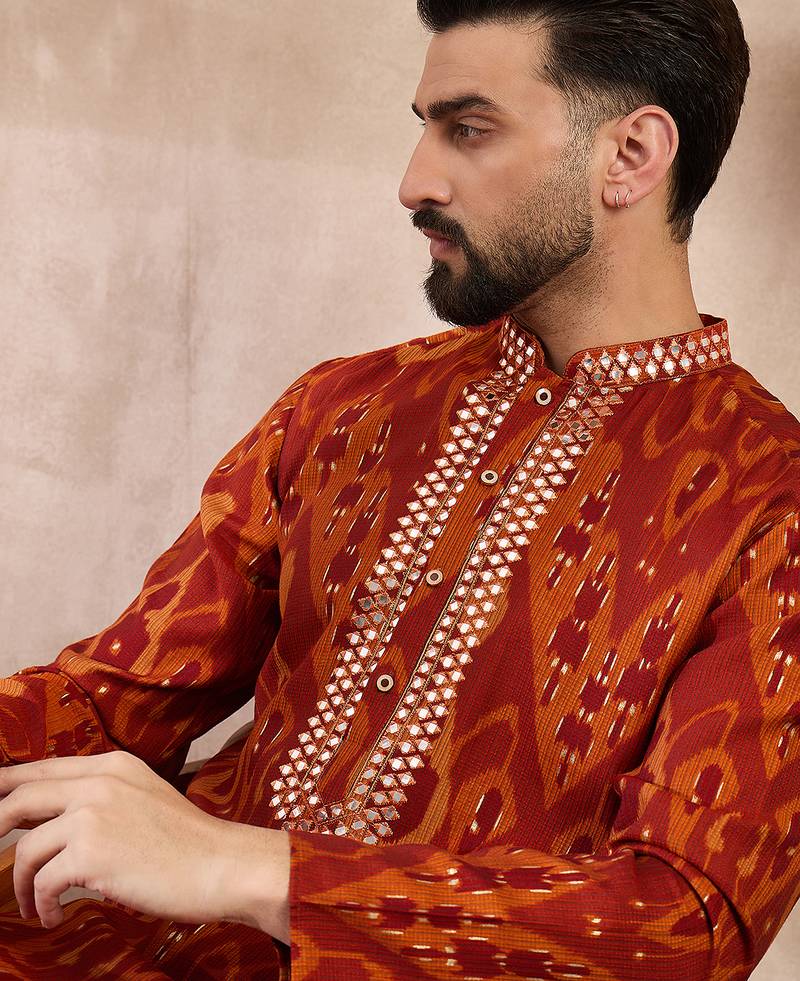 Men orange silk blend chevron printed straight kurta with trouser