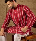 Men maroon viscose rayon ethnic motifs printed straight kurta