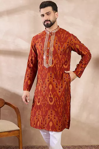 Men orange silk blend chevron printed straight kurta with trouser