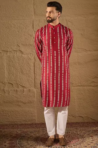 Men maroon viscose rayon ethnic motifs printed straight kurta