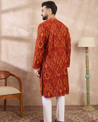 Men orange silk blend chevron printed straight kurta with trouser 4