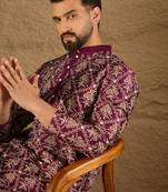 Men purple silk floral printed straight kurta