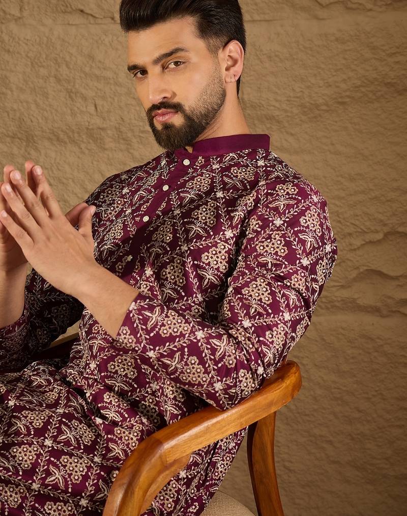 Men purple silk floral printed straight kurta