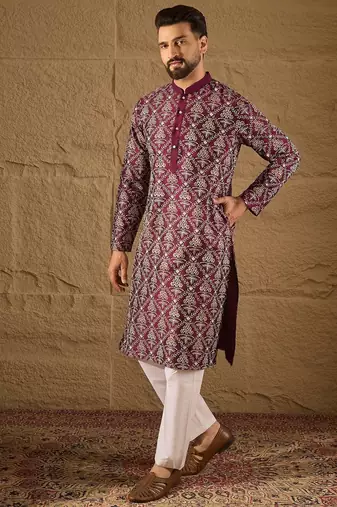 Men purple silk floral printed straight kurta
