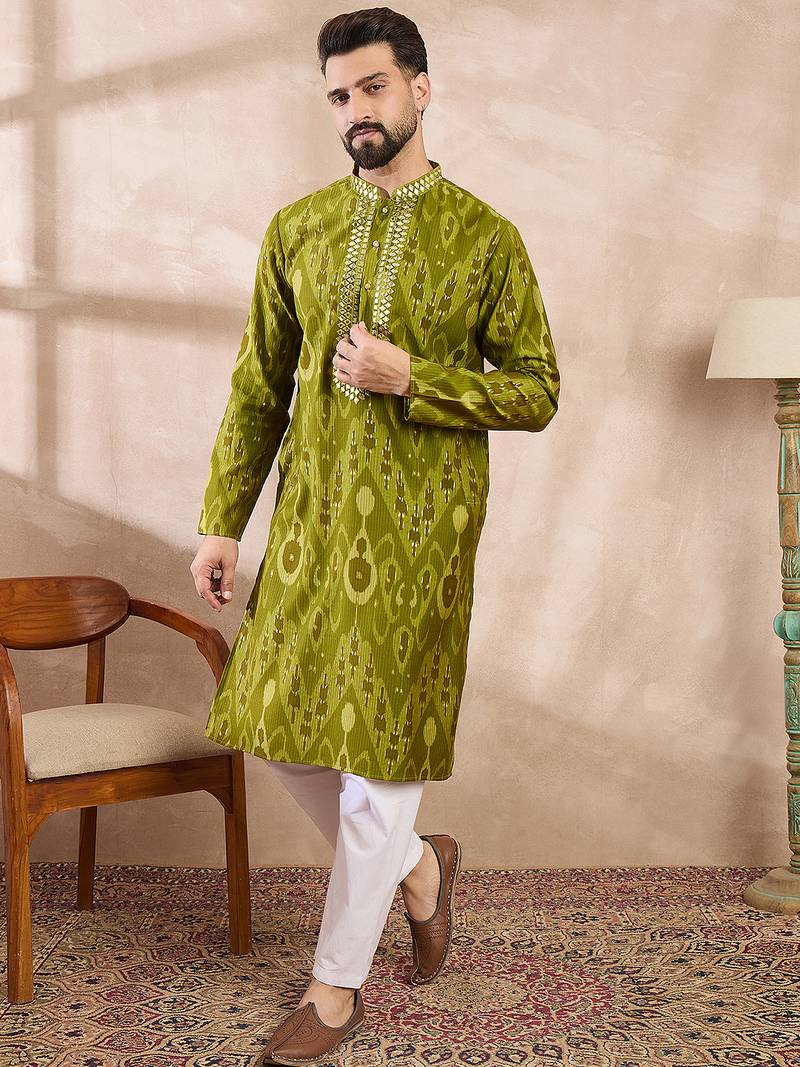 Men green viscose rayon chevron printed straight kurta with trouser
