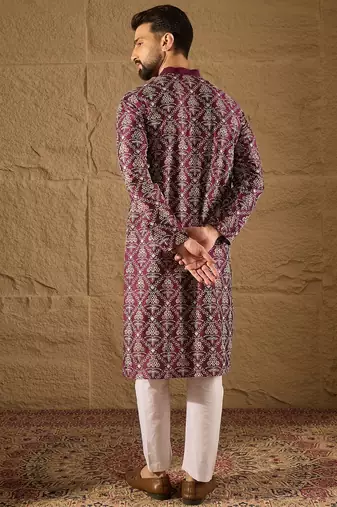 Men purple silk floral printed straight kurta
